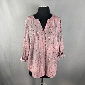 Notations Blouse Top Womens XL Pink Black Polka Dot Stretch Roll Tab Sleeve